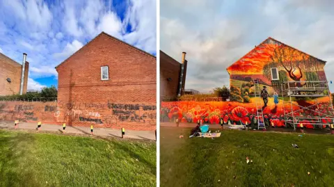 Nikita Spires Two photos of the same building. On the left it is red brick and scrawled with graffiti in black and white spray paint. On the right it has been painted with a brightly coloured mural. There is scaffolding and a ladder leaning on it. The mural: in the foreground we can see red poppies with fields stretching out behind them as the sun sets. A soldier walks away holding hands with his daughter. He is dressed in a military uniform and his daughter has blonde hair and a light blue dress. Above them there is a large willow tree.