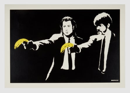 black-and-white art of two men holding yellow bananas