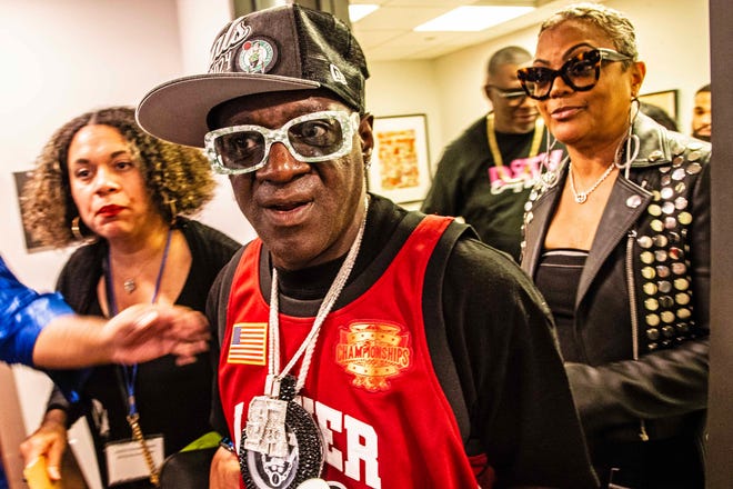 Headliner Flavor Flav talks to participants and attendees of the second Hip Hop Cultural Summit at the Delaware Art Museum in Wilmington, Saturday, Oct. 27, 2024.