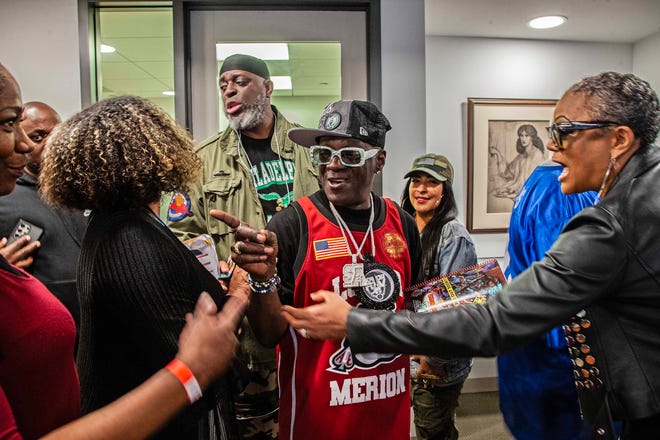 Headliner Flavor Flav talks to participants and attendees of the second Hip Hop Cultural Summit at the Delaware Art Museum in Wilmington, Saturday, Oct. 26, 2024.