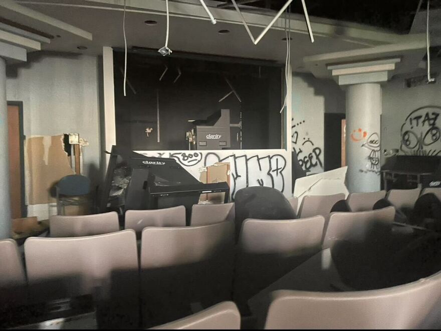 An abandoned movie theater inside the base.