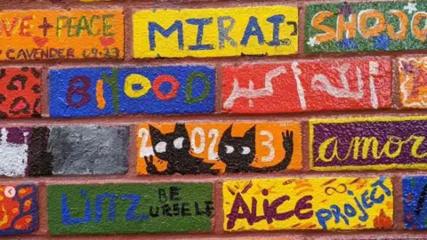 Gloucester Brick Project A close-up picture of the bricks on the wall. The bricks were originally red, but have been painted blue, red yellow, green, orange and purple. Members of the public have painted designs on them such as cats, their names, leopard spots, and the words 'love and peace'.