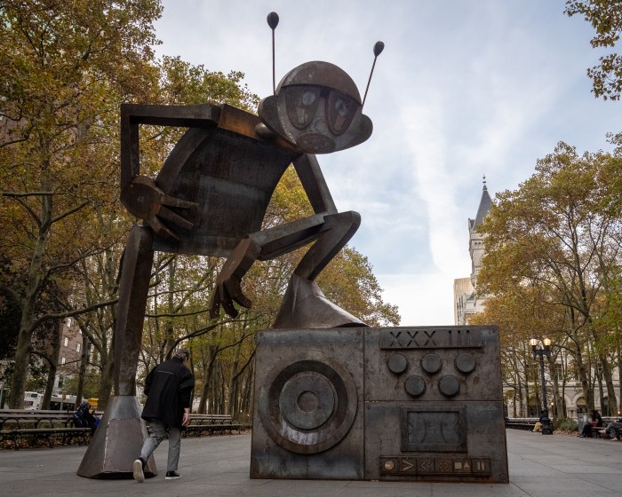 The Rappin’ Max Robot sculpture is on display in Brooklyn Borough Hall Plaza until April.