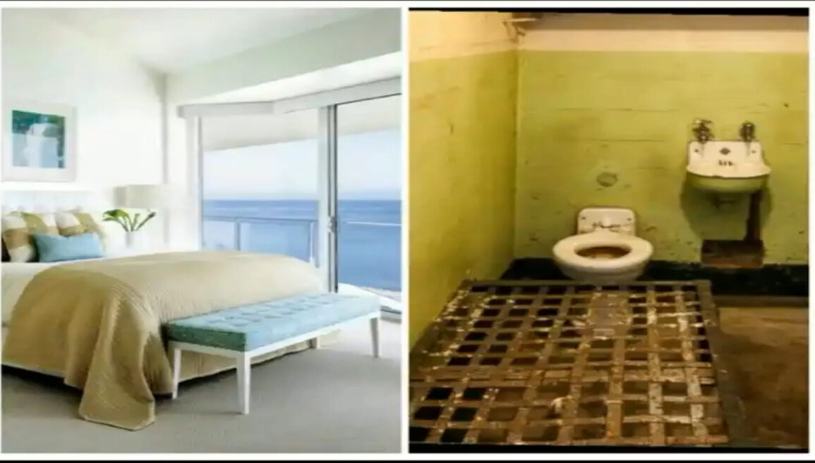 The cover art to American prison artist C-Note's Hip-hop track "Once Upon A Time...," shows a contrasting split-screen comparison: on the left, a luxurious, modern bedroom with an ocean view, a neatly made bed, and soft, neutral tones. On the right, a stark, grim prison cell with peeling green walls, a dirty toilet, a small sink, and a barred floor, representing a harsh and confined environment. The two visuals side-by-side highlight the stark contrast between comfort and captivity that is so explicitly rhymed about the song.