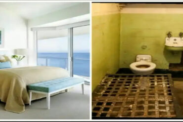 The cover art to American prison artist C-Note's Hip-hop track "Once Upon A Time...," shows a contrasting split-screen comparison: on the left, a luxurious, modern bedroom with an ocean view, a neatly made bed, and soft, neutral tones. On the right, a stark, grim prison cell with peeling green walls, a dirty toilet, a small sink, and a barred floor, representing a harsh and confined environment. The two visuals side-by-side highlight the stark contrast between comfort and captivity that is so explicitly rhymed about the song.