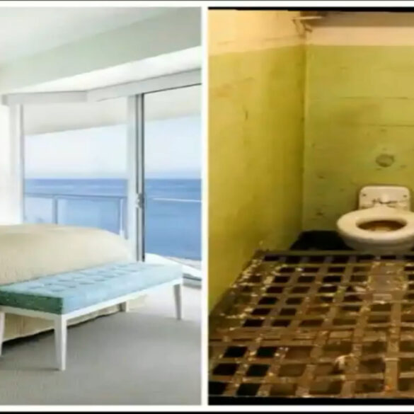 The cover art to American prison artist C-Note's Hip-hop track "Once Upon A Time...," shows a contrasting split-screen comparison: on the left, a luxurious, modern bedroom with an ocean view, a neatly made bed, and soft, neutral tones. On the right, a stark, grim prison cell with peeling green walls, a dirty toilet, a small sink, and a barred floor, representing a harsh and confined environment. The two visuals side-by-side highlight the stark contrast between comfort and captivity that is so explicitly rhymed about the song.