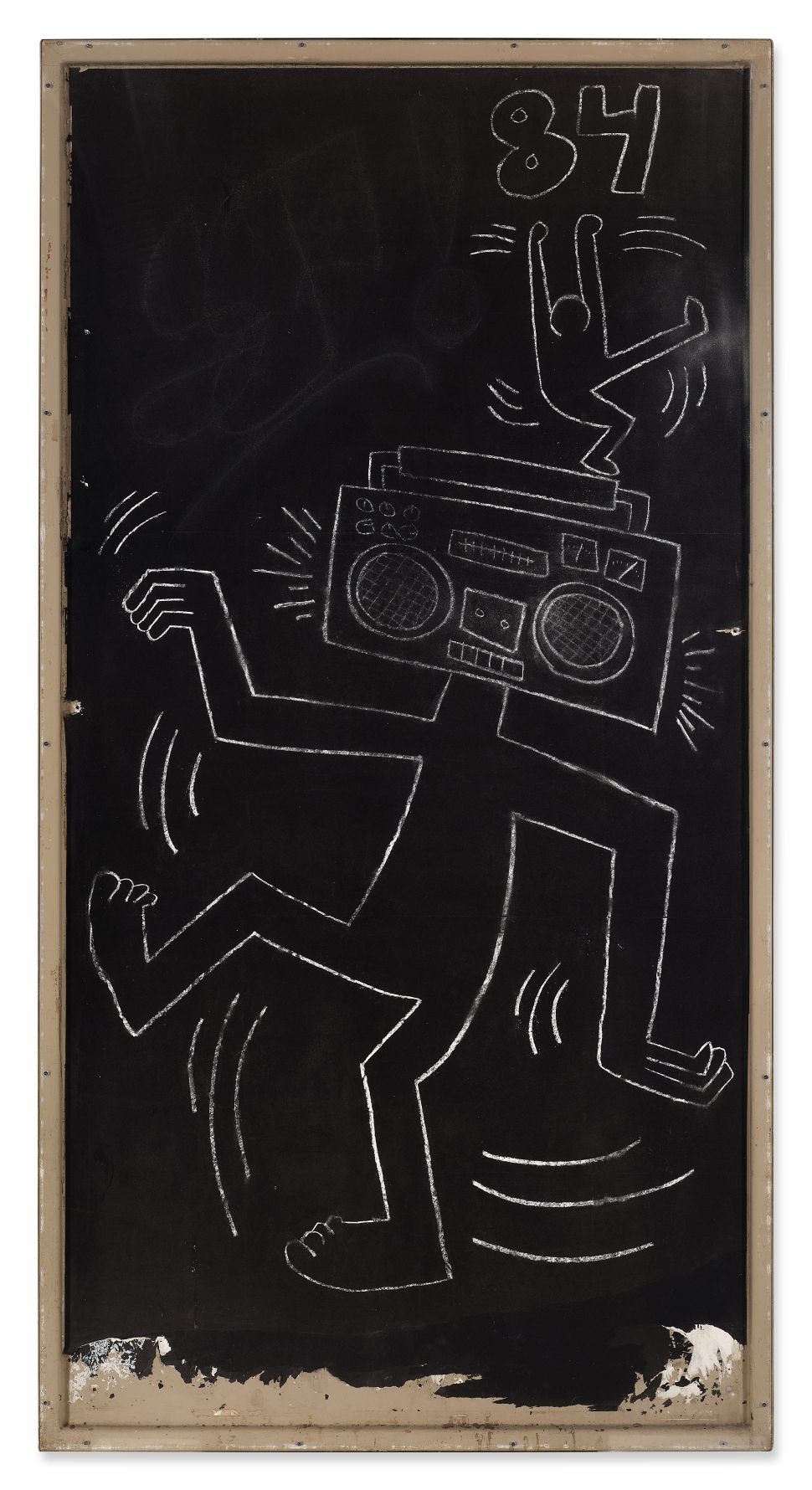 Image of a white drawing on black board with a man dancing and his head turning into a radio