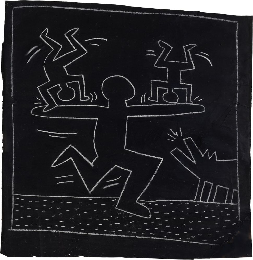 Image of a black board with white drawings of figures dancing and a barking dog.