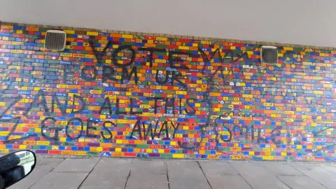 Cathy Louise Thomas A brick wall in a tunnel. Around 1,500 bricks are individually painted bright colours, some with symbols and flags, others with animals and local landmarks. Over the top of it someone has spray painted the phrase 