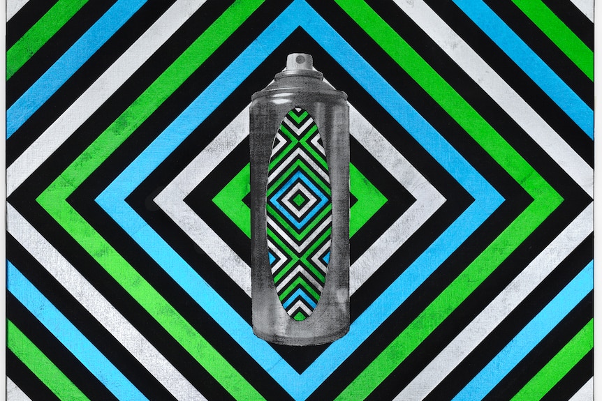 A black and white photo of a spray can against geometric white, blue, green and black stripes