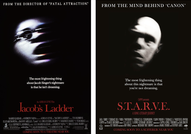 Two posters side by side, each showing a blurry man's face