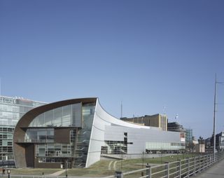 The curved steel and glass exterior of the Museum of Contemporary Art Kiasma in Helsinki