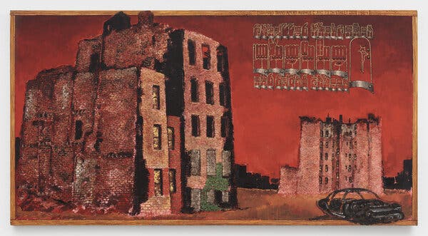 A cityscape depicting two tenement shells, windows blackened by fire and a skeletal car.