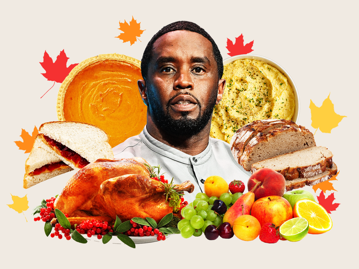 Diddy Combs surrounded by Thanksgiving foods