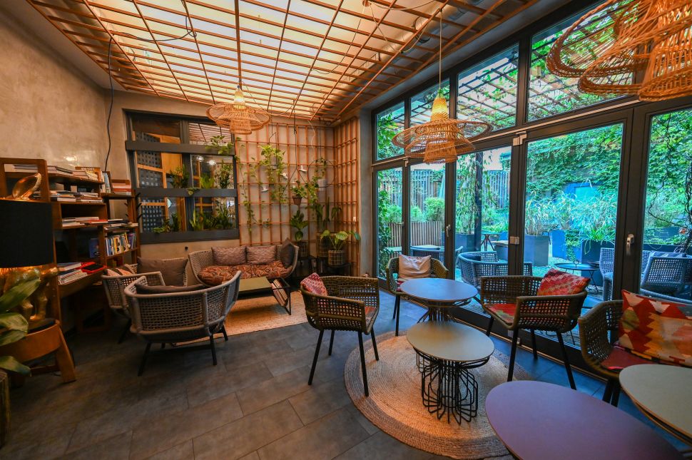 The lounge area at the Circus Hotel features wicker chairs, hanging woven lamps, and a wall decorated with plants, offering a cozy indoor seating space with large windows looking out to a garden.