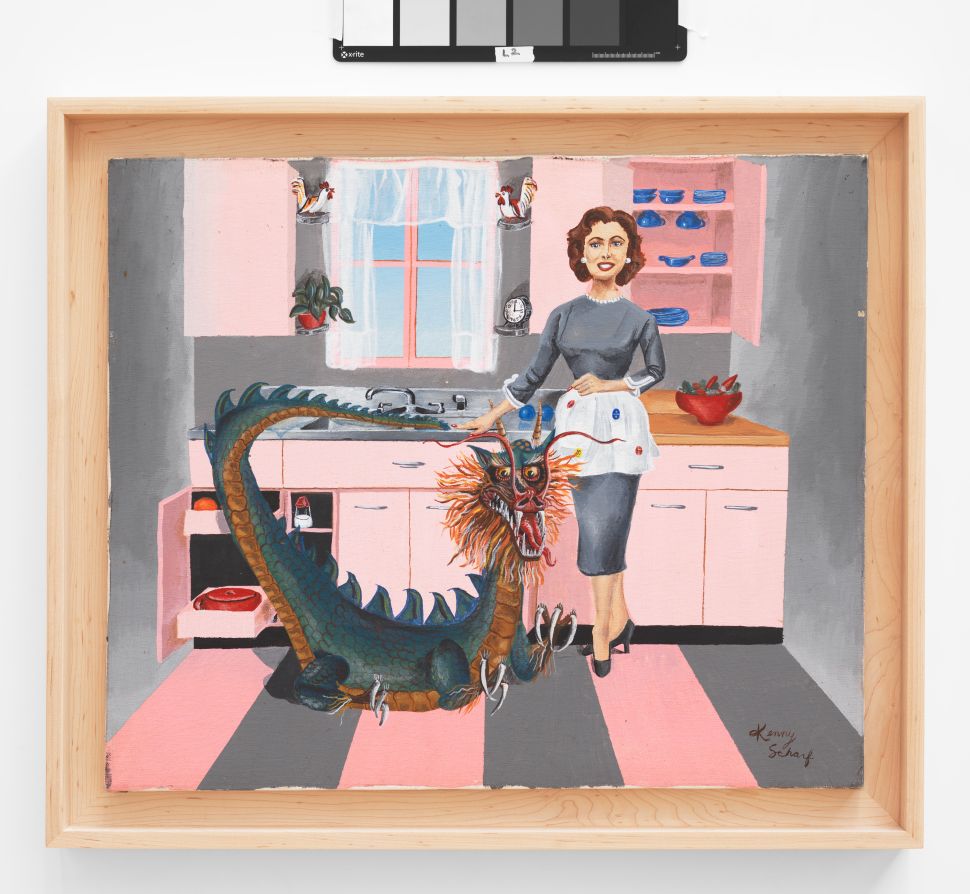 painting of a woman with a dragon in a kitchen