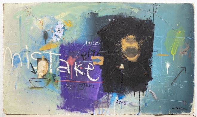 A Big Mistake. Spray paint, acrylic, oil stick, crayon, colored pencil, collage, drywall tape, matches, and thumbtack on masonite. A multi-color abstract with images of a mouth and a head and the word 