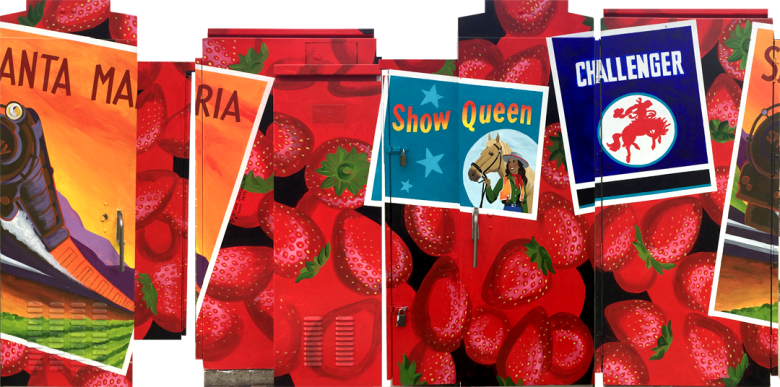 Colorful art of strawberries and posters adorns a utility box in Santa Maria.