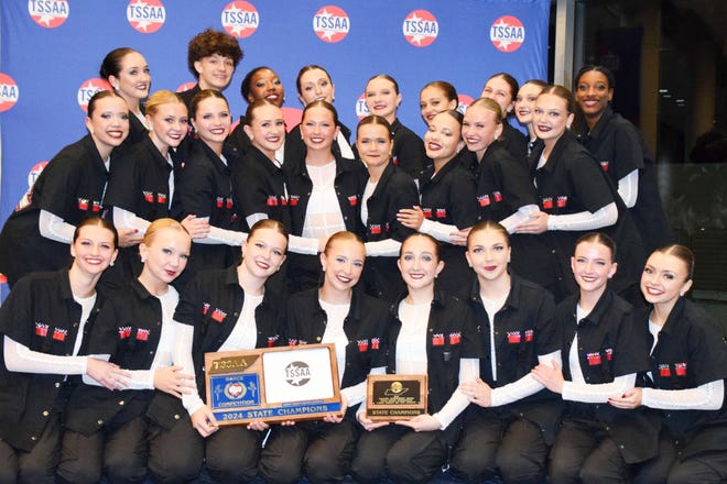 The award-winning Oak Ridge High School Dance Cats following their win on Nov. 15: front row, from left, Makenna Underwood, Matti Hart, Carleigh Brown, Carter Sharp, Sarah Pollack, Taylor Hendrickson, Zoe Harper, and Kinlea Basel; second row, Luci Roca, Shelby Lee, Lily Gamble, Isabellah Protte, Caroline Beard, Anna Berven, Ragan Monger, Finley Stokes, and Bella Lawson; third row, Ava Underwood, Haiden Keathley, Makaiya Eskridge, Samara Ibañéz, Riley Basel, Sabrina Pickett, Audrey Sluss, Evelyn Herrick, and Leilani Cooper. Not pictured are Jordan Menefee and Aiyana Walker.