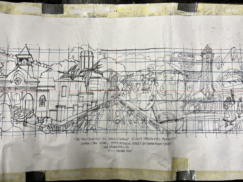 Sketch of a cityscape mural design featuring various architecture elements and signage, including a café and cinema, with a grid overlay and annotation at the bottom.