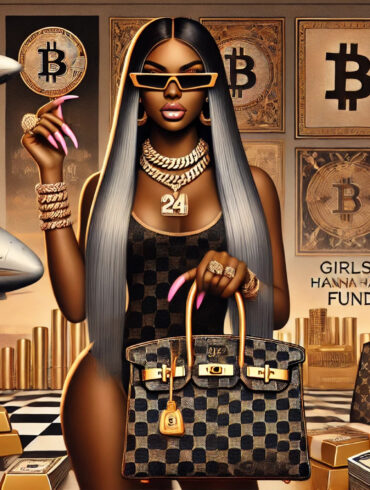 The image showcases a powerful representation of wealth and luxury, aligning with the theme of "Girls Wanna Have Funds". It features a confident woman with 24-inch bundles, adorned in gold jewelry, including Cuban links, and holding a designer Birkin bag. The backdrop highlights symbols of wealth: private jets, stacks of cash, gold bars, and Bitcoin imagery, blending traditional and modern assets. The title "Girls Wanna Have Funds" appears boldly, reinforcing themes of empowerment, ambition, and success. This visually embodies the song's essence, celebrating the hustle and the rewards that come with it.