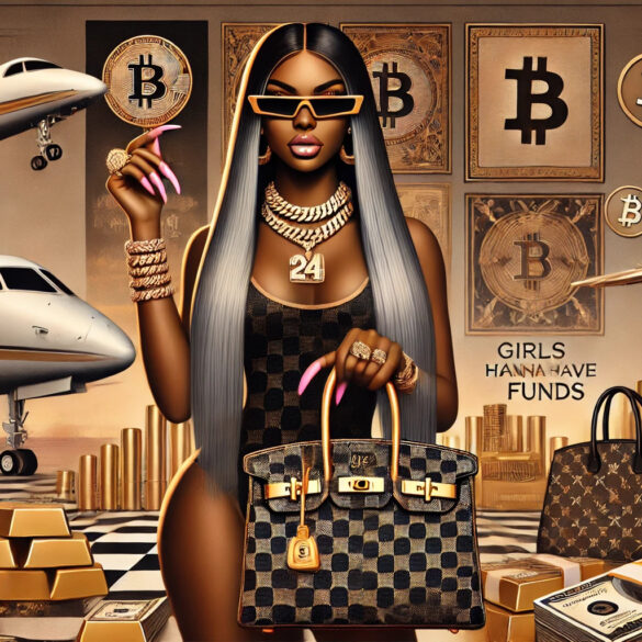 The image showcases a powerful representation of wealth and luxury, aligning with the theme of "Girls Wanna Have Funds". It features a confident woman with 24-inch bundles, adorned in gold jewelry, including Cuban links, and holding a designer Birkin bag. The backdrop highlights symbols of wealth: private jets, stacks of cash, gold bars, and Bitcoin imagery, blending traditional and modern assets. The title "Girls Wanna Have Funds" appears boldly, reinforcing themes of empowerment, ambition, and success. This visually embodies the song's essence, celebrating the hustle and the rewards that come with it.