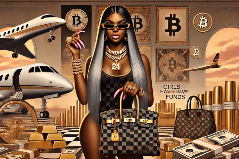 The image showcases a powerful representation of wealth and luxury, aligning with the theme of "Girls Wanna Have Funds". It features a confident woman with 24-inch bundles, adorned in gold jewelry, including Cuban links, and holding a designer Birkin bag. The backdrop highlights symbols of wealth: private jets, stacks of cash, gold bars, and Bitcoin imagery, blending traditional and modern assets. The title "Girls Wanna Have Funds" appears boldly, reinforcing themes of empowerment, ambition, and success. This visually embodies the song's essence, celebrating the hustle and the rewards that come with it.