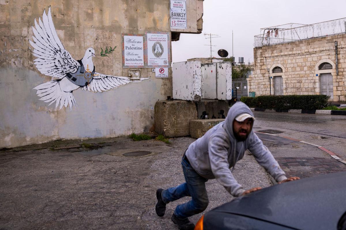 Banksy’s ‘Armoured Dove’ in Bethlehem.