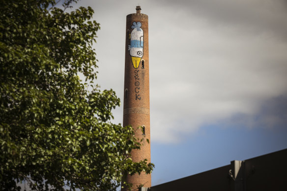 ‘Pam the Bird’ graffiti on the side of the shot tower in Clifton Hill on Friday.