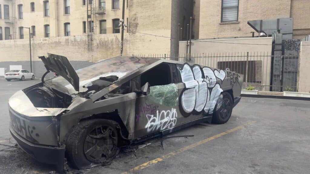 Abandoned Tesla Cybertruck in LA is now covered in graffiti and presents a mystery of why it's there