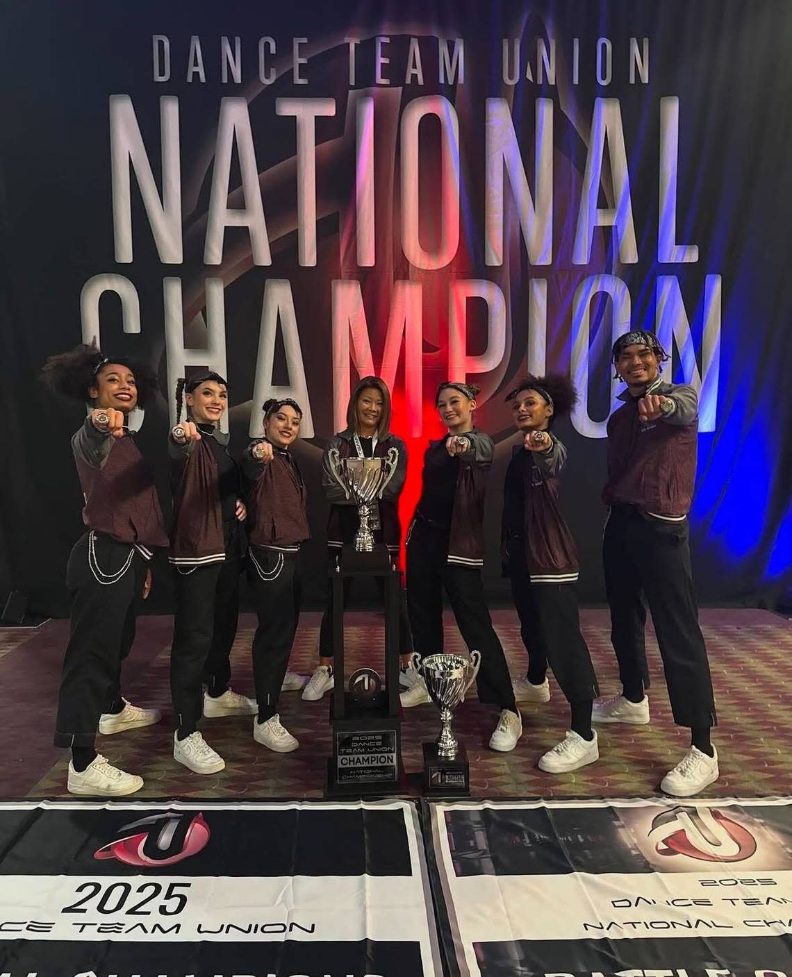 Six members of the Pasco High School dance team performed at the Dance Team Union Championships in Orlando, Flo. Sophomores Kiara Hernandez and Alynah Hernandez, juniors Anaiah Charles and Cassius Blasdel, and seniors Madelyn Miller and Mariah Guzman, alongside their coach Becca Schwan, took home the first place trophy.