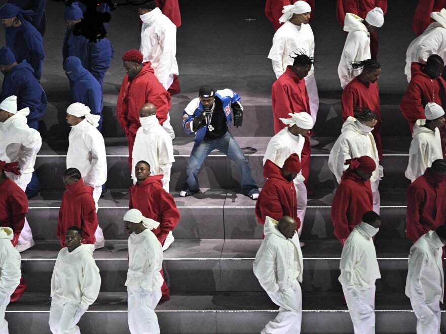 Kendrick Lamar performs during Super Bowl LIX Chiefs vs Eagles Apple Music Halftime Show.