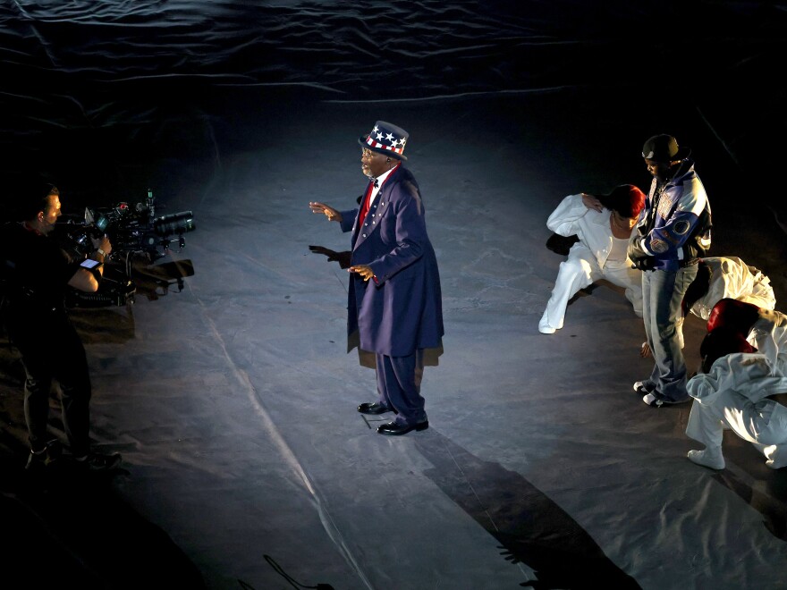 Samuel Jackson and Kendrick Lamar are seen onstage during Apple Music Super Bowl LIX Halftime Show.