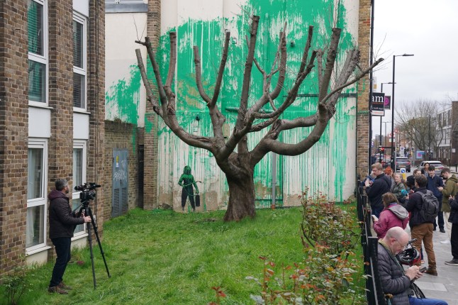 People view a tree mural which appeared overnight on a residential building on Hornsey Road in Finsbury Park, London, which has been confirmed by the anonymous street artist, Banksy, as one of his own in an Instagram post on Monday. Picture date: Monday March 18, 2024. PA Photo. Bright green paint has been sprayed on the building, in front of a cut-back tree, creating the impression of being its foliage. A stencil of a person holding a pressure hose has been sketched onto the building as well. The vivid paint colour matches that used by Islington Council for street signs in the area. See PA story ARTS Banksy. Photo credit should read: Jonathan Brady/PA Wire