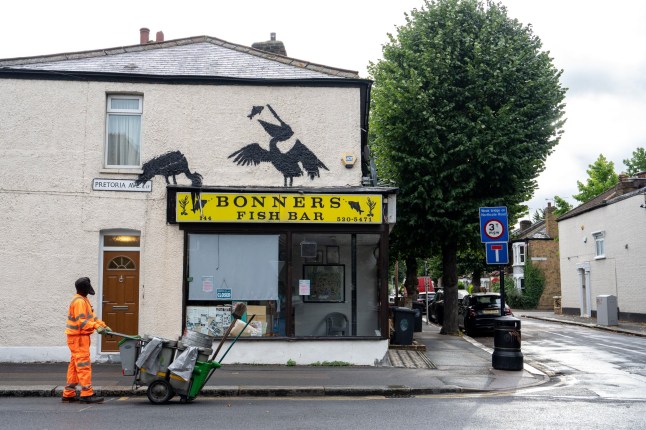 Undated handout photo issued by Banksy of his new artwork depicting pelicans eating fish, painted on the side of Bonners Fish Bar, on Pretoria Avenue, in Walthamstow, east London. Issue date: Friday August 9, 2024. PA Photo. See PA story SHOWBIZ Banksy. Photo credit should read: Banksy/PA Wire NOTE TO EDITORS: This handout photo may only be used in for editorial reporting purposes for the contemporaneous illustration of events, things or the people in the image or facts mentioned in the caption. Reuse of the picture may require further permission from the copyright holder.