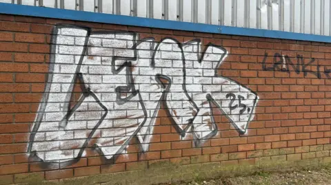 Great Yarmouth Borough Council White graffiti on a light brown brick wall, which says 'lenk'. To the right of it is a small patch of graffiti written in black ink, which says 'lenk'