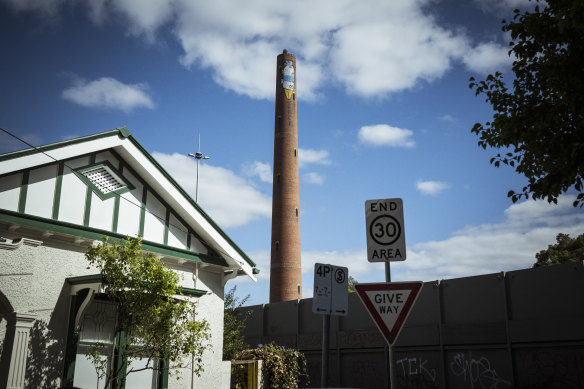 The historic shot tower in Clifton Hill bearing the Pam the Bird graffiti.