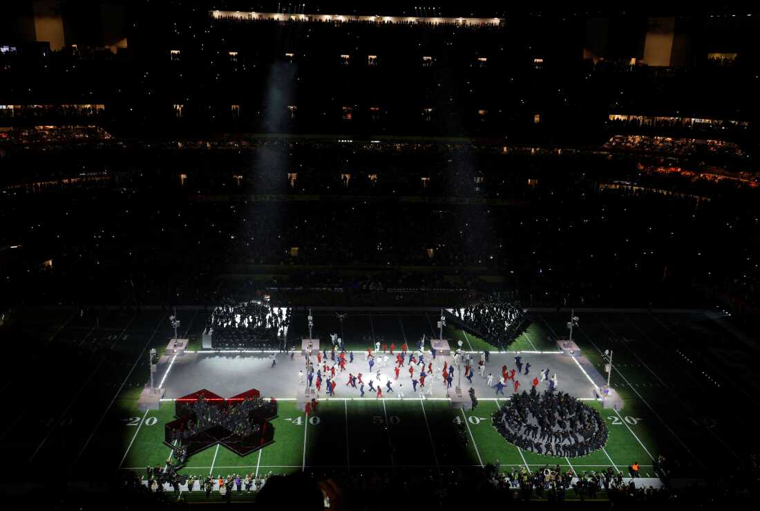 A general view of the performance by Kendrick Lamar during the halftime show.