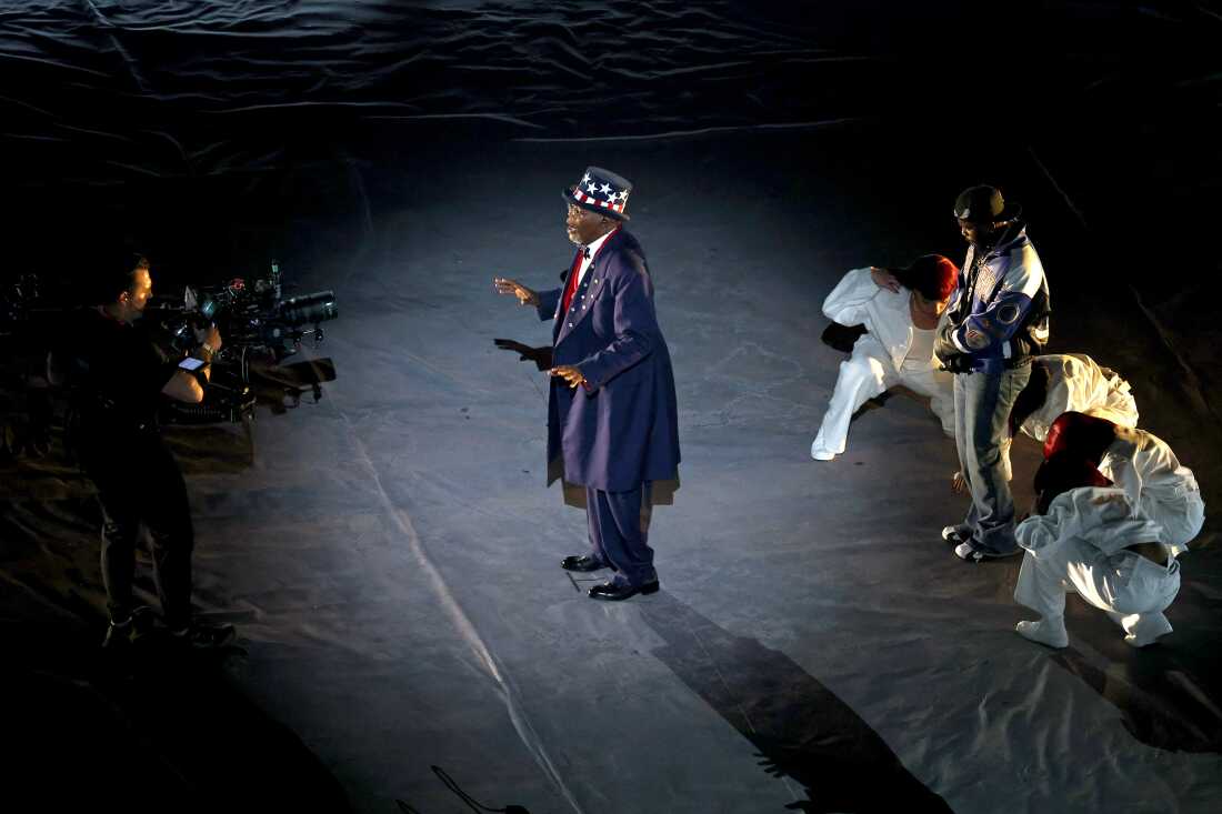 Samuel Jackson and Kendrick Lamar are seen onstage during Apple Music Super Bowl LIX Halftime Show.