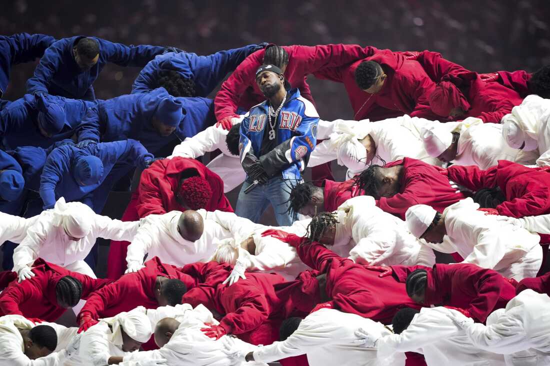 Kendrick Lamar performs during halftime of the NFL Super Bowl 59 football game between the Kansas City Chiefs and the Philadelphia Eagles.