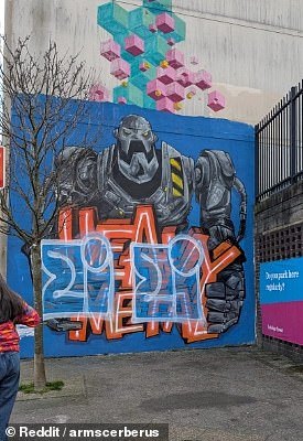 The spoiled pieces have often been sprayed over with the 'EINE' signature. Pictured, one of Snub23's murals