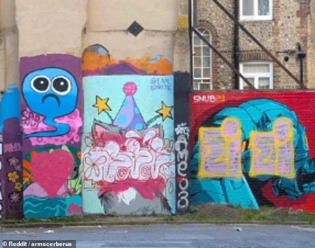 The community has been baffled by the vandalised works, as a Reddit thread questioned 'Does anyone know what's going on with the graffiti in Brighton atm?' Snub23 and Sprite's works pictured after they've been marred