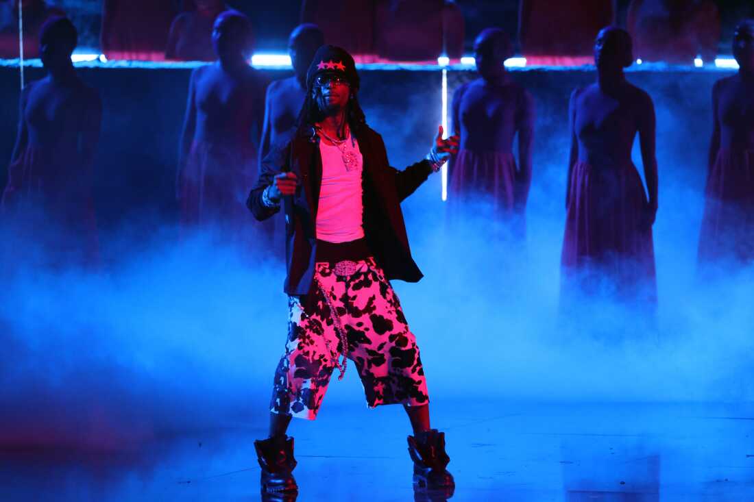 Playboi Carti onstage in February, performing with The Weeknd during the 67th Grammy Awards. The rapper's long-delayed third studio album is titled, simply, MUSIC.