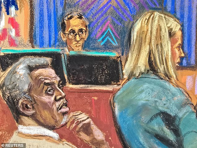 Diddy, pictured in a court sketch on Wednesday, has gone totally gray after being held in a federal prison while awaiting trial