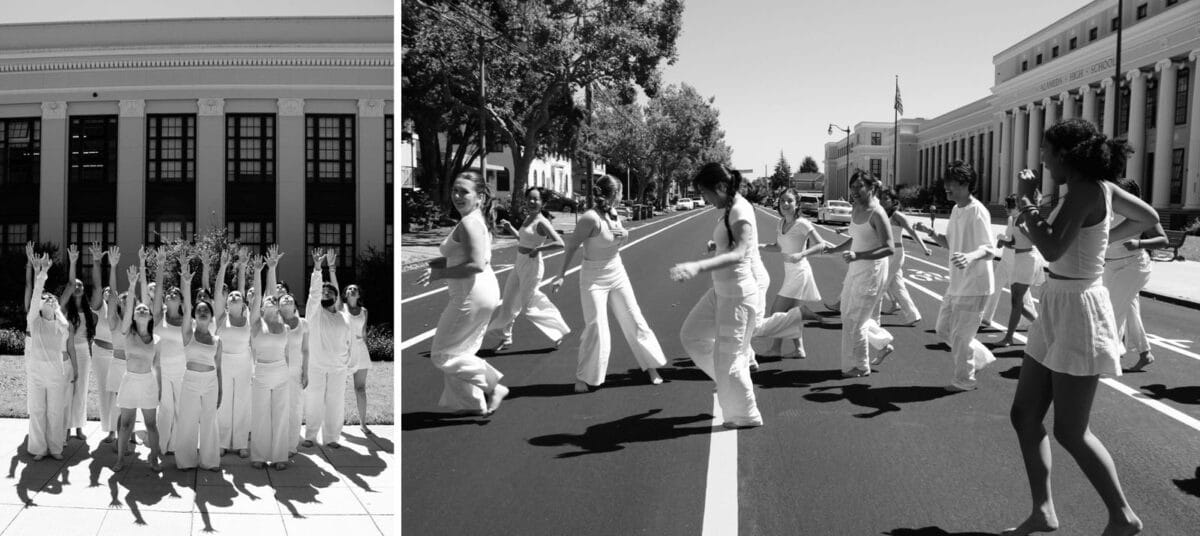 Alameda Post - dancers run across Central avenue and pose in front of Alameda High School in artistic black and white photos by Rachel McCray Denton