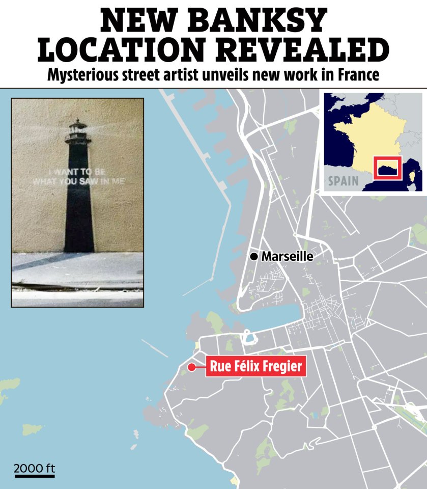 Map showing the location of a new Banksy artwork in Marseille, France.