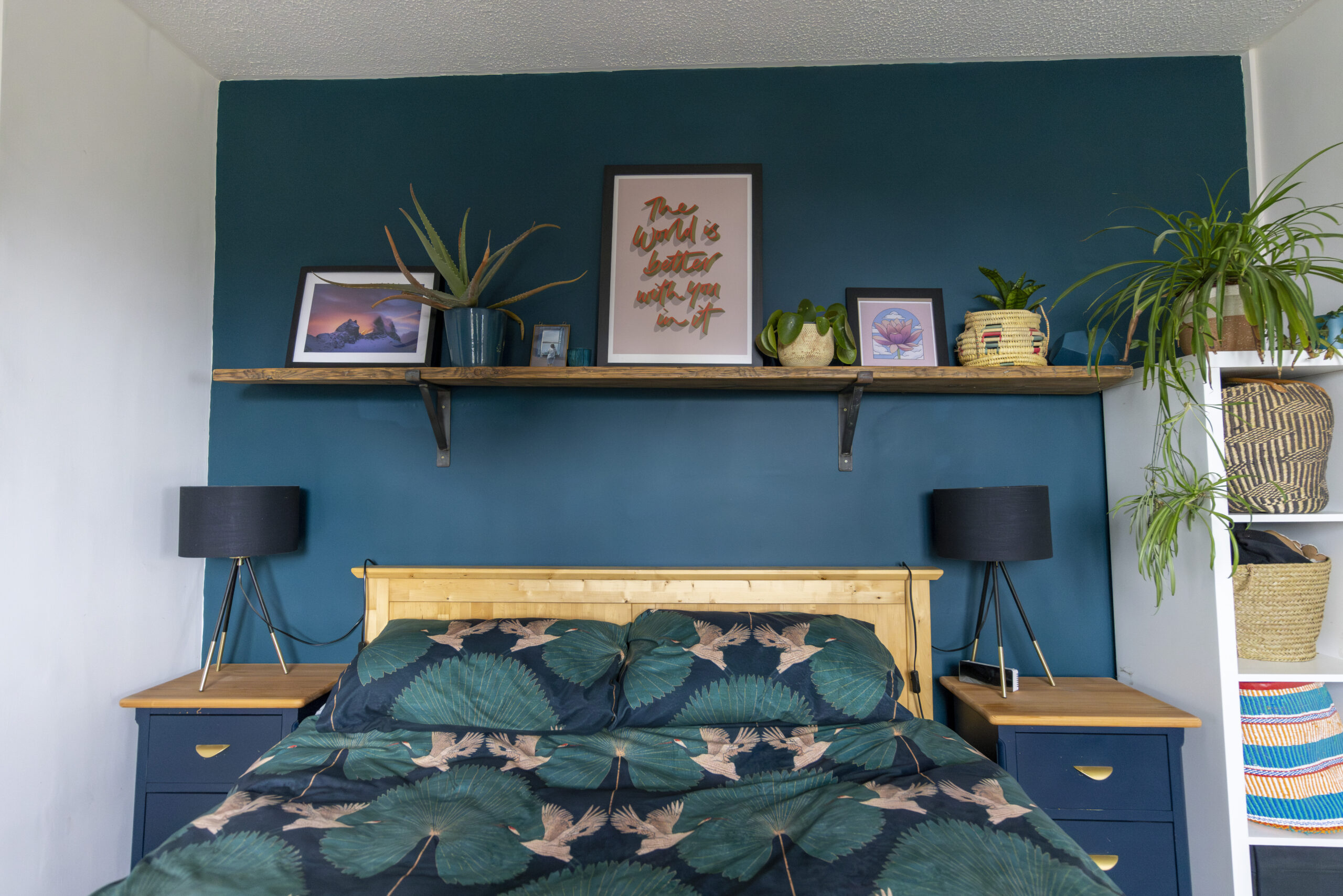 Bedroom with teal walls, wooden bed, and plants on a shelf.